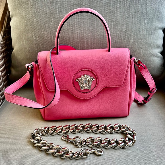Versace Top Handle Bag FlamingoPink La Medusa Vitello Leather Crossbody Tags NEW - Picture 11 of 13
